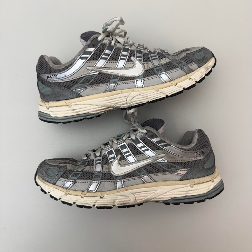 Nike P-6000 Flat Pewter featuring a grey mesh base with metallic silver overlays